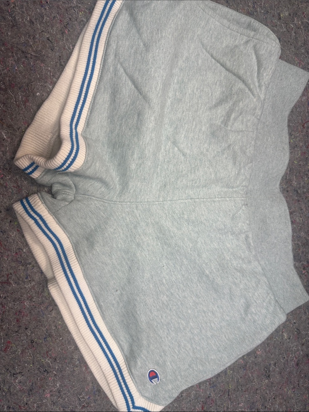 Champion Light Gray Athletic Shorts with Cream & Blue Striped Waistband